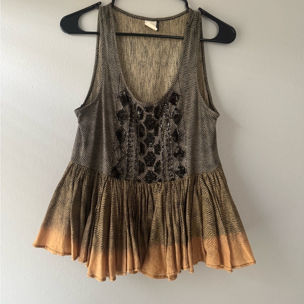 Anthropologie peasant Embellished Gray and Brown Peplum Tank Top - Picture 2 of 5